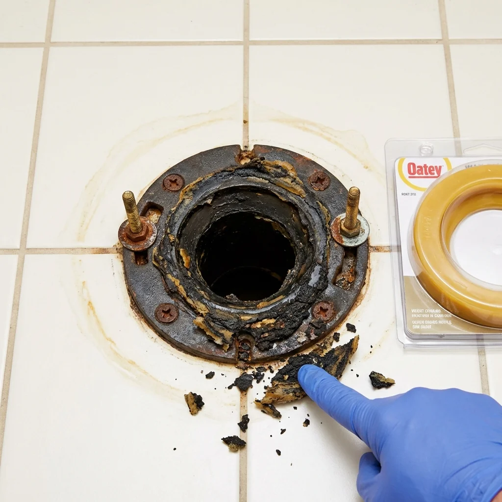 Failed wax ring showing water seepage at the base of a toilet in a Pickens, MS home