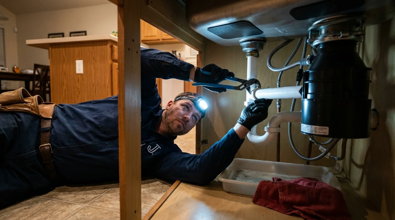 P-trap and supply line connections under a kitchen sink showing a common leak point in Pickens, MS